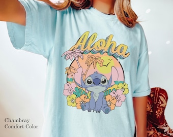 Retro Disney Lilo & Stitch Summer T-shirt, Stitch Floral Aloha Shirt, Funny Stitch Hawaii Tee, Disney Hawaii Tee, Disneyland Family Trip Tee