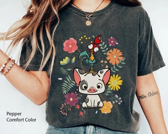 Retro 70s Pua And Hei Hei Floral Comfort Colors T-shirt, Disney Moana Shirt, Disneyland Trip Outfit, Perfect Birthday Gift for Disney Fans