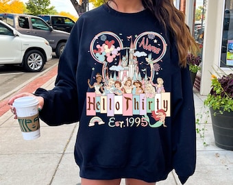 Personalized Disneyland 30th Birthday Princess Character Group Shirt, Disney Hello Thirty Est 1994 Birthday Gifts, Mickey Ears Castle Tee