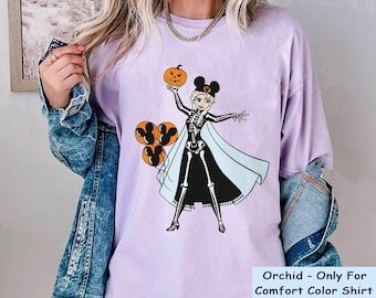 Elsa Princess Skeleton Costume with Halloween Balloon Pumpkin Comfort Colors T-shirt, Frozen Disney Halloween Girl Shirt, Spooky Season Gift