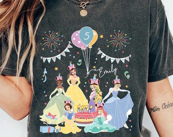 Custom Disney Princesses Birthday Party T-shirt, Tiana Ariel Elsa Rapunzel Belle Shirt, Disneyland Vacation Trip, Disney Birthday Girl Gift