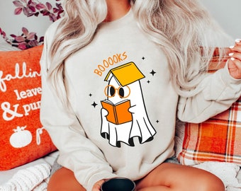 Cute Boo Ghost with Books Comfort Colors T-shirt, Funny Bookish Halloween Shirt, Spooky Season Gift For Book Lover Bookworm, Ghost Book Tee