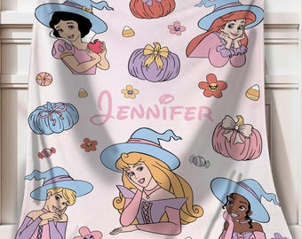 Custom Princesses Witch Hat Halloween Blanket, Watercolor Pumpkin Coquette Bow Fleece Blanket, Disney Princesses Trick Or Treat Home Decor