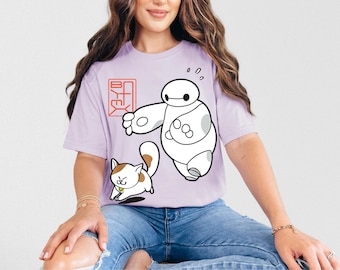Disney Cute Baymax And Cat Shirt, Big Hero 6 Characters T-shirt, Disneyland Family Matching Trip, Magic Kingdom, Birthday Gifts