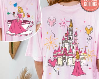 Two Sided Princess Aurora Mad Tea Cup Party Shirt, Disney  Sleeping Beauty Balloon Castle Tee, Gift For Besties, Disneyland Girl Trip