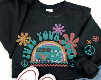 Embroidered Disney Fillmore Car sweatshirt, Pixar Cars Fuel Your Soul Pullover, Retro Peace Flower Crewneck, Disneyland Family Matching Trip