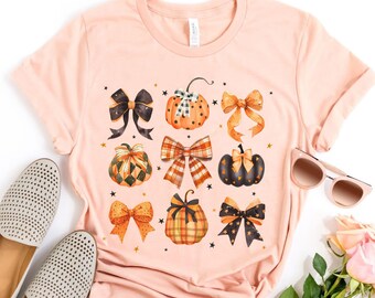 Retro Fall Pumpkin Coquette Bow Comfort Colors Shirt, Happy Fall Y'All Pumpkin T-shirt, Spooky Season, Halloween Gift For Women, Fall Vibes
