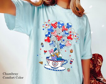 Donald And Daisy Patriotic Mickey Balloon Tea Cup Comfort Colors Tee, 4Th Of July Disney Couple T-shirt, Disneyland America Independence Day