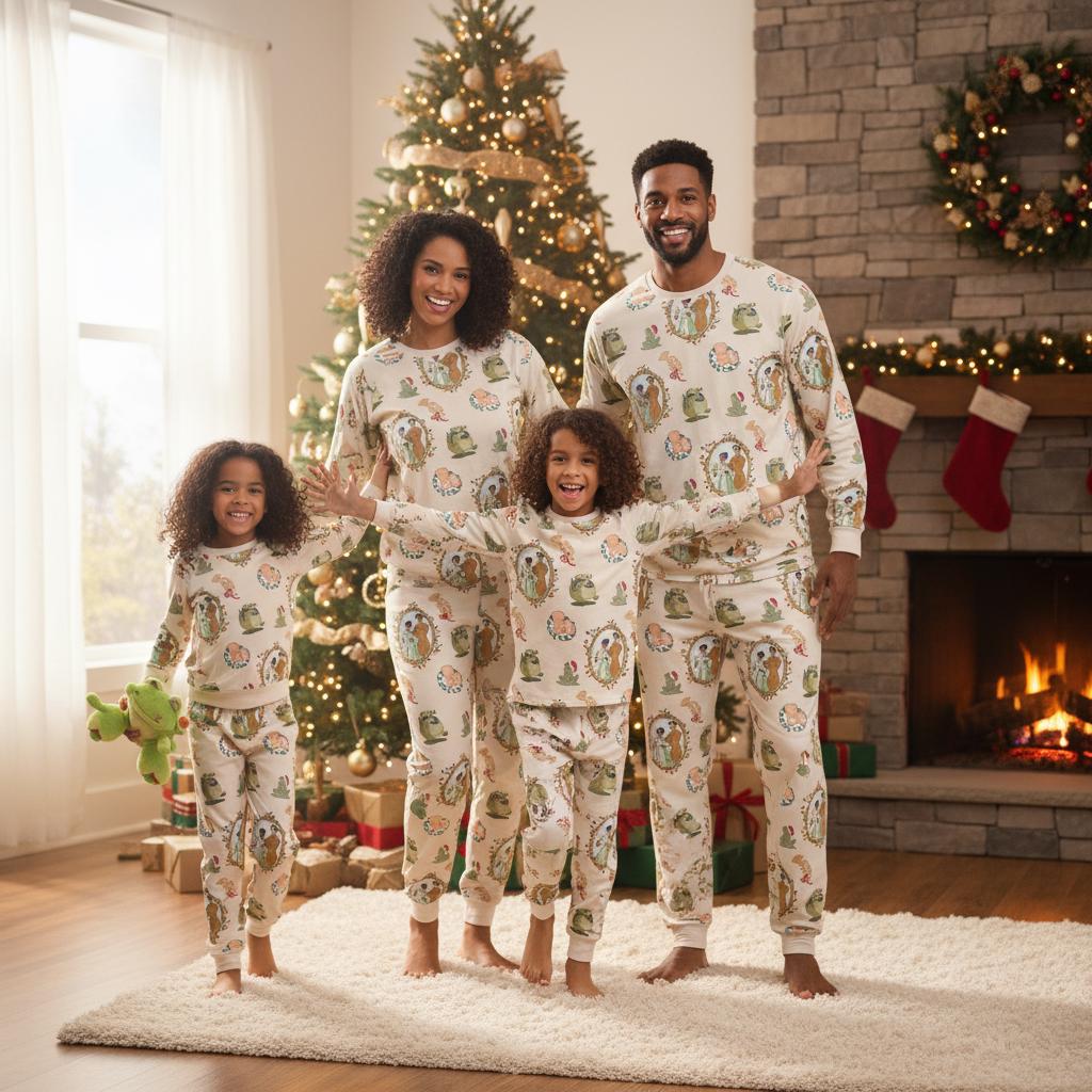 Discover Vintage Tiana And Naveen Christmas Light Watercolor Pajamas Set, Princess And The Frog Holiday Sleepwear, Disney Christmas Party Outfit