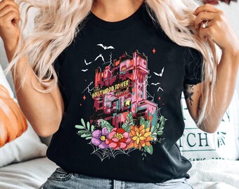 Floral Flower Hollywood Tower Hotel Comfort Colors T-shirt, Retro Disney Spooky Season Shirt, Disneyland Halloween Party, Hollywood Studios