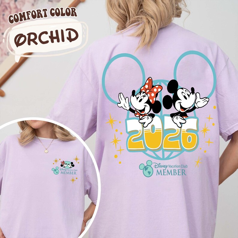 May include: Lilac t-shirt with Mickey and Minnie Mouse design, the year "2020", and "Disney Vacation Club Member" text. The shirt has a small front graphic and a larger back design. The shirt is labelled "Comfort Color" in a speech bubble.