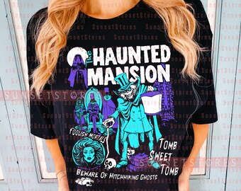 Disney Halloween Foolish Mortals Haunted Mansion Shirt, Disney Hitchhiking Ghosts Hatbox Ghost Madame Leota Tee, Mickey's Not So Scary Party
