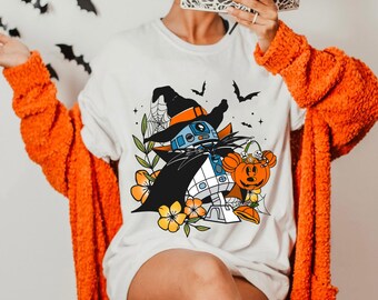 Retro 70s R2D2 Droid Witch Costume Floral Flower Shirt, Star Wars Halloween Mickey Pumpkin Jack Skellington Tee, Disney Halloween Party