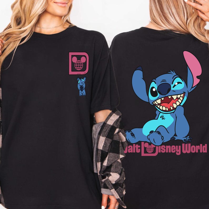 May include: Black t-shirt featuring a pink and white Disney logo and a blue Stitch graphic. The back of the shirt displays a large Stitch illustration with the words "Walt Disney World" in pink.