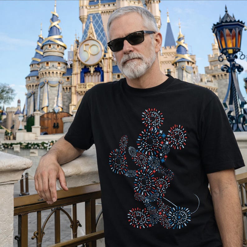 May include: Black t-shirt featuring a Mickey Mouse design made of red, white, and blue fireworks. The design is on the front of the shirt. The background includes a castle and a lamppost.