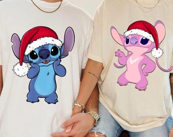 Santa Hat Stitch And Angel Portrait Christmas Couple Shirt, Lilo And Stitch Matching Xmas Tee, Disney Couple Holiday Trip Outfits