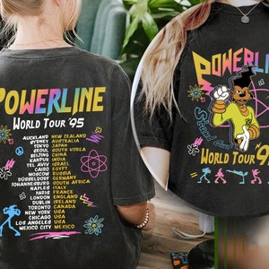 Dubbelsidig Powerline World Tour-tröja, retro 90-tals popstjärnekonsert-tröja, färgglad konsertaffisch-tröja, 90-tals tecknad inspirerad temaparksoutfit