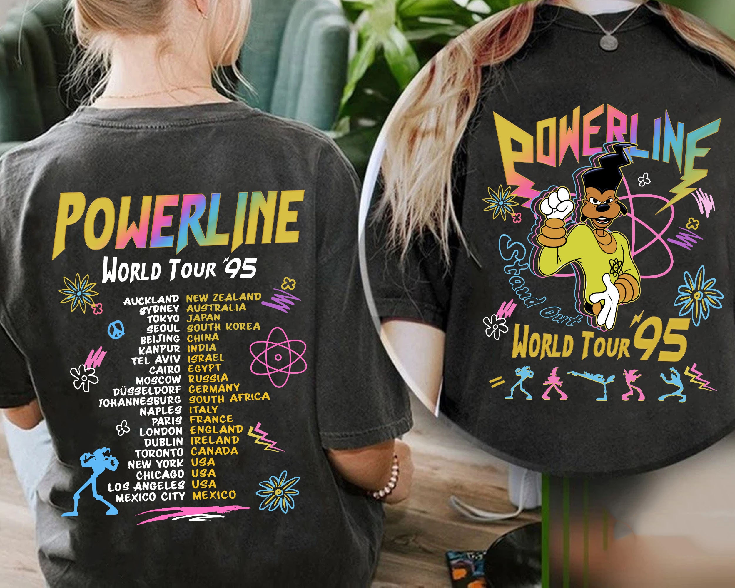 Retro Powerline Stand Out World Tour 95  T-shirt, A Goofy Movie Disney Front And Back Shirt, Disneyland Family Trip