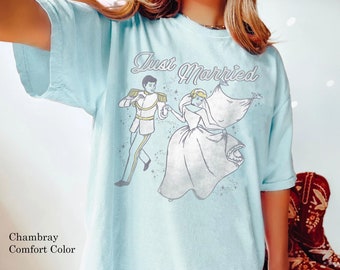 Cinderella Prince & Princess Just Married Comfort Colors T-shirt, Disney Wedding Gift For Husband Wife, Disneyland Trip Couple Matching