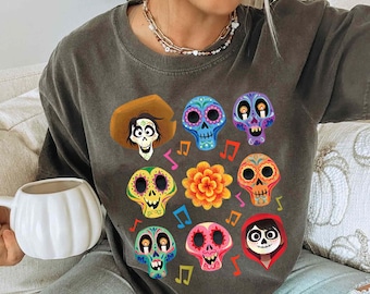 Coco Character Grid Sugar Skulls Comfort Colors T-shirt, Disney Coco Halloween Matching Shirt, Disneyland Halloween Party, Spooky Season