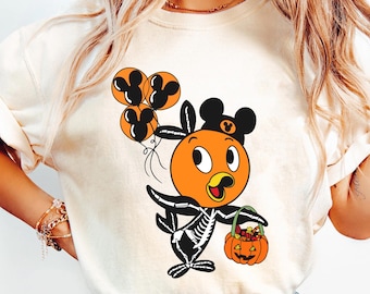 Orange Bird Skeleton Costume with Halloween Balloon Pumpkin Comfort Colors Shirt, Epcot Disney Halloween Shirt, Disneyland Spooky Season