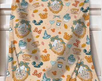 Cute Disney Castle Halloween Coquette Bow Blanket, Magic Kingdom Fall Vibe Fleece Blanket, Disneyland Cozy Blanket, Disney Foodie Bedding
