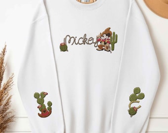 Embroidered Disney Mickey Mouse Sweatshirt, Western Cowboy Howdy Crewneck, Cactus Rodeo Pullover Gift for Disney Fans