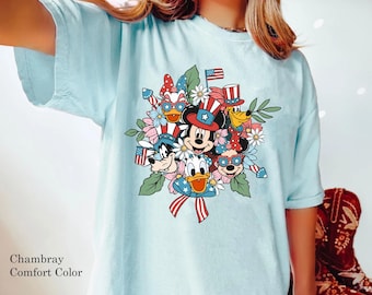 Floral Flower Mickey And Friends 4Th Of July Comfort Colors T-shirt, Disney American Flag Shirt, Patriotic Gift, Disneyland Independence Day