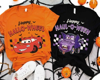 Checkered Cars Happy Halloween Matching Comfort Colors Shirt, Lightning Mcqueen Halloween T-shirt, Tow Mater Vampire, Disney Spooky Season