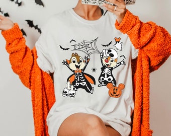 Chip N Dale Skeleton Halloween Costume Comfort Colors T-shirt, Halloween Couple Double Trouble Shirt, Disney Halloween Party, Spooky Season