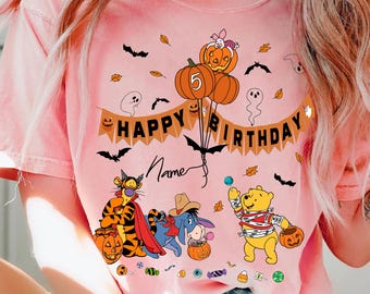 Custom Winnie The Pooh Halloween Birthday T-shirt, Pooh And Friends Halloween Shirt , Pooh Tigger Eeyore Pumpkin Tee, Spooky Season Tee