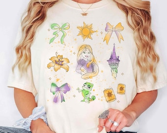 Disney Tangled Watercolor Coquette Bow Comfort Colors T-shirt,  Rapunzel Princess Sun Lantern Pascal Shirt, Disneyland Family Matching Trip