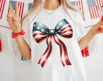 Coquette Watercolor Usa Flag Comfort Colors Shirt, American Bow Girl T-shirt, 4Th Of July Outfits, America Independence Day, Patriotic Gifts