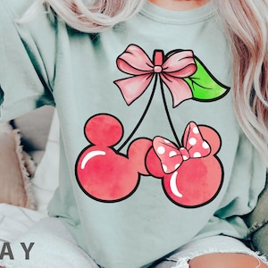 Mickey Minnie Mouse Cherry Coquette Watercolor Comfort Colors T-shirt, Cute Disney Shirt, Disneyland Family Trip Matching, Birthday Gift