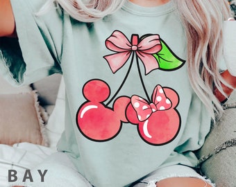 Mickey Minnie Mouse Cherry Coquette Watercolor Comfort Colors T-shirt, Cute Disney Shirt, Disneyland Family Trip Matching, Birthday Gift