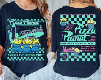 Camiseta de dos caras con pizza Planet, comida alienígena y puerto espacial divertido, camiseta retro con gráfico de extraterrestre de Toy Story, camiseta de Disney Toy Story, camiseta de viaje a Disneyland