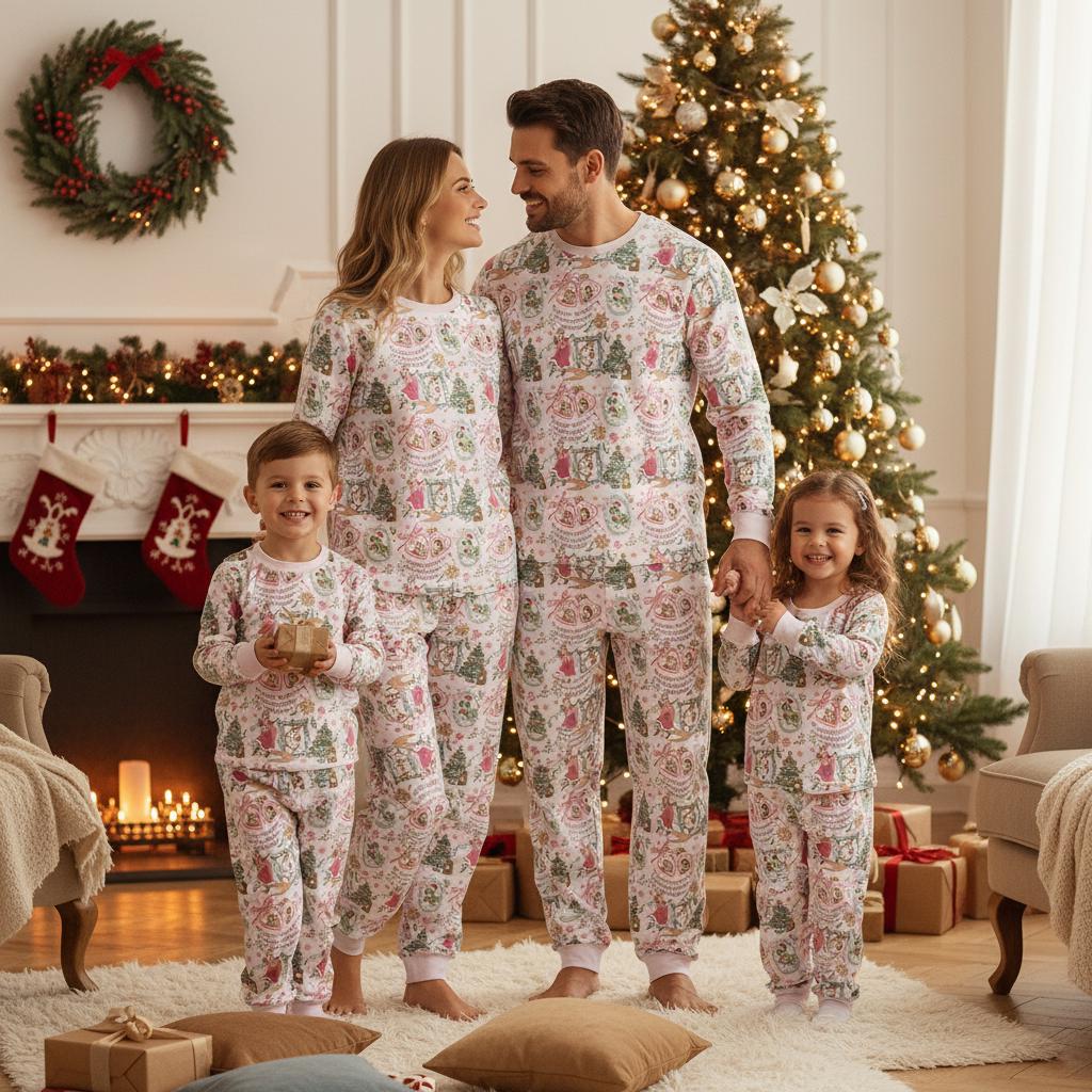 Discover Retro Mickey And Friends Holiday Stamps Raglan Pajamas, Disney Winter Wonderland Sleepwear, Family Xmas Matching Pjs, Christmas Party Pjs