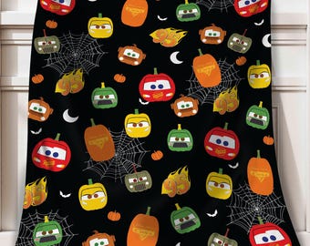 Cute Radiator Springs Cars Group Halloween Blanket, Pixar Cars Pumpkin Fleece Blanket, Disney Trunk Or Treat Cozy Blanket, Spooky Home Decor