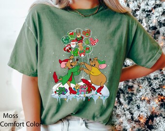 Jaq And Gus Mouse Christmas Mickey Balloon Comfort Colors Shirt, Cinderella Xmas Disney Friends T-shirt, Disneyland Merry Christmas Party