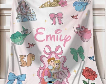 Custom Sleeping Beauty Watercolor Coquette Bows Blanket, Disney Fairy Godmothers Fleece Blanket, Aurora Princess Bedding, Gift For Her