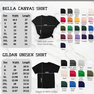 Op de afbeelding: Maattabel voor Bella Canvas en Gildan unisex T-shirts. De tabel toont de breedte- en lengtemaat in inches voor elke maat, van XS tot 5XL. De tabel bevat ook een lijst met beschikbare kleuren voor elk merk.