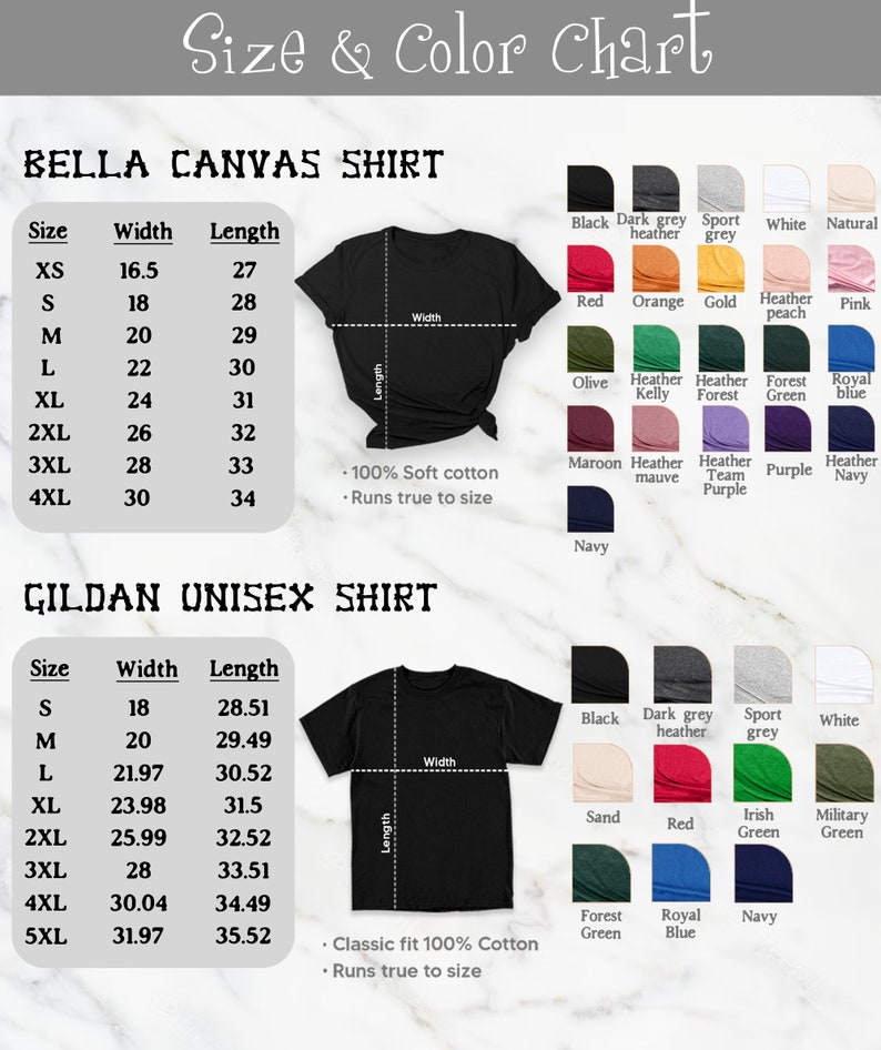Op de afbeelding: Maattabel voor Bella Canvas en Gildan unisex T-shirts. De tabel toont de breedte- en lengtemaat in inches voor elke maat, van XS tot 5XL. De tabel bevat ook een lijst met beschikbare kleuren voor elk merk.