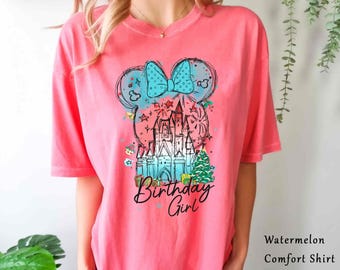 Disney Christmas Watercolor Birthday Girl Shirt, Xmas T-shirt, Mickey's Very Merry Xmas Party Tee, Disneyland Christmas Family Trip 2024