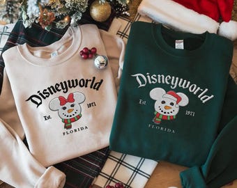 Embroidered Disney Snowman Mickey Minnie Mouse Couple Matching Sweatshirt, Disneyworld Est 1971 Florida Xmas Embroidery, Mickey Merry Party