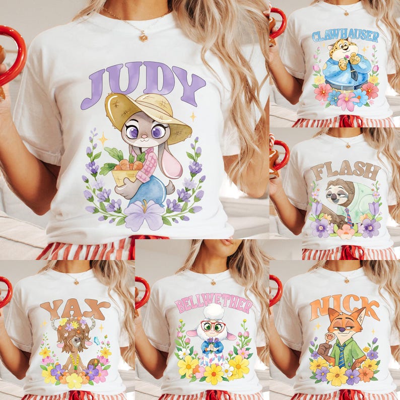 May include: White t-shirts with characters from the animated film Zootropolis. Each shirt features a different character design, including Judy Hopps, Clawhauser, Flash, Yax, Bellwether, and Nick Wilde, surrounded by flowers.