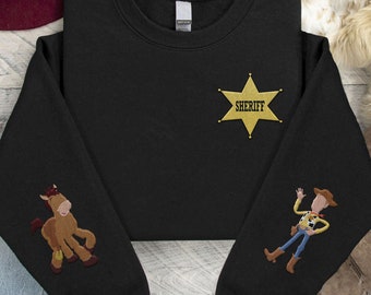Embroidered Woody Sheriff and Bulleyes Sweatshirt, Disney Toy Story Embroidery Sweater, Western Cowboy Outfits, Disneyland Family Trip 2024