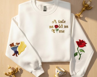 Sweater met geborduurde schoonheid en het beest, een verhaal zo oud als de tijd, trui met borduursel Belle en het beest, trui met betoverde roos