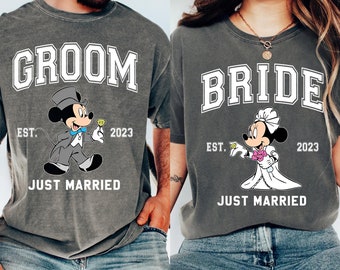 Custom Year Mickey Groom Minnie Bride Just Married Comfort Colors T-shirt,  Couple Matching Shirt, Wedding Anniversary, Husband Wife