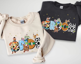 Custom Bride Groom Toy Story Themed Comfort Colors Shirt,  Wedding Gift, Couple Matching, Just Married, Woody Buzz Lightyear Jessie