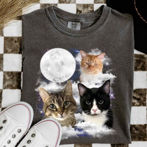 Custom Photo Cats With Moon Comfort Colors Shirt, Personalized Space Pet Portrait T-shirt, Funny Pet Owner Birthday Gift, Cat Lover Tee